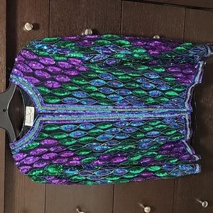 LAURENCE KAZAR 1990s Purple & Green Vintage Sequin Blazer Sz L